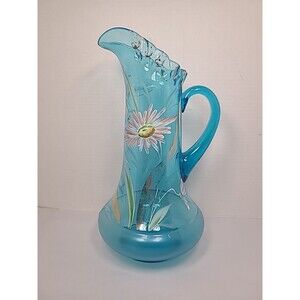 Vintage Blue Victorian Hand painted Glass Pitcher With Frosted Bottom